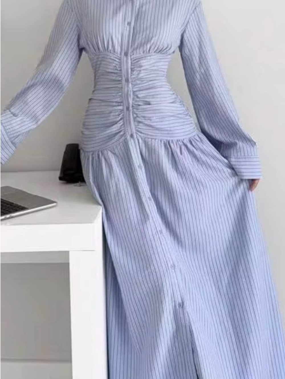 SHEIN Light Blue Pinstripe Long Sleeve Shirtdress